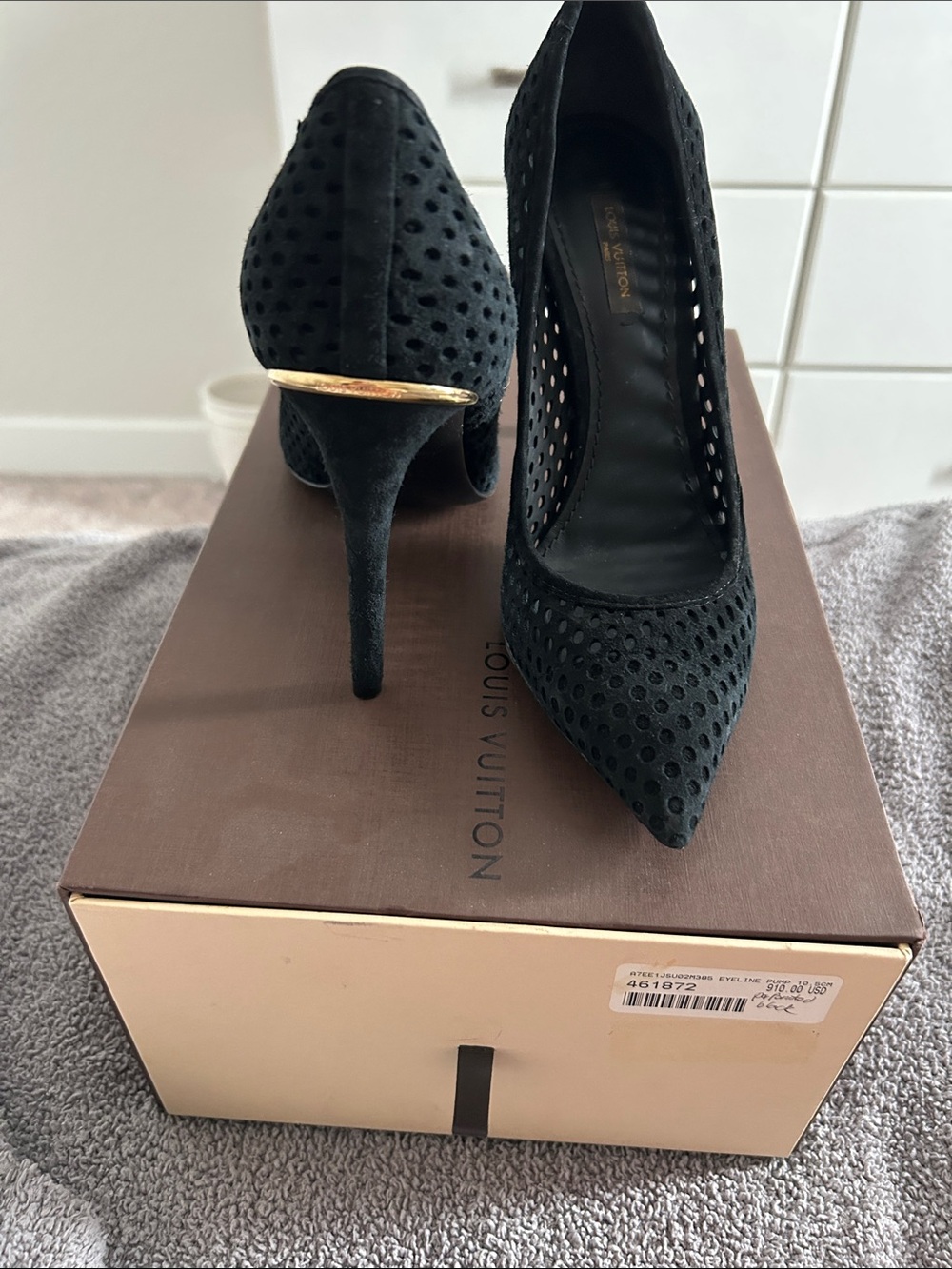 Louis Vuitton Black Perforated Suede Pointed Pumps with Gold Accent